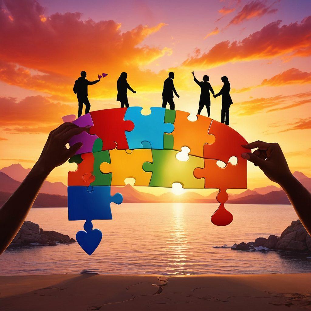 A diverse group of people working together to build a bridge made of colorful puzzle pieces, symbolizing connection and support. Include elements representing various case management themes, like hearts and community symbols, floating around. Set against a sunset backdrop to create warmth and hope. Show expressions of collaboration and joy among the individuals. vibrant colors. painting.