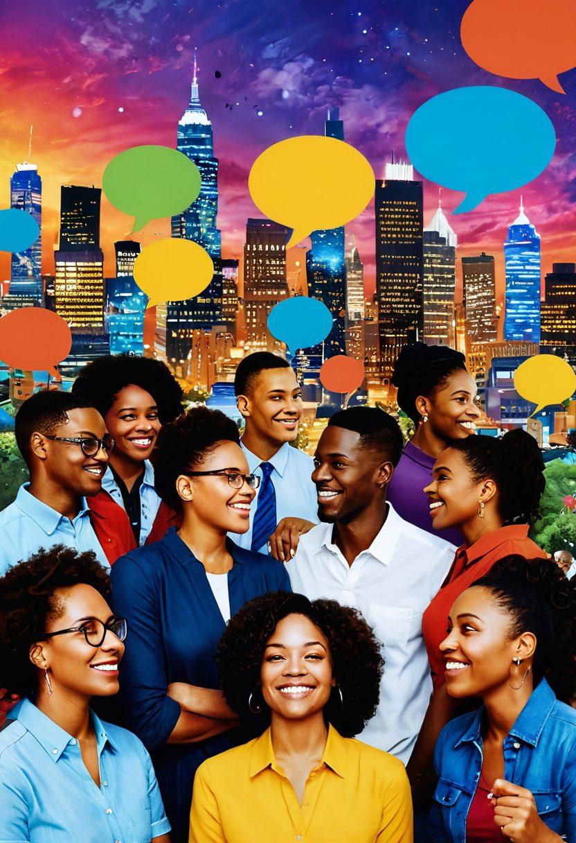 A vibrant collage featuring diverse individuals sharing their experiences in a lively gathering, with thought bubbles displaying insightful quotes. The background showcases a colorful cityscape symbolizing connection and empowerment, highlighted by rays of light illuminating the people. Each individual should represent different cultures and backgrounds to emphasize inclusivity. super-realistic. bright colors. dynamic composition.