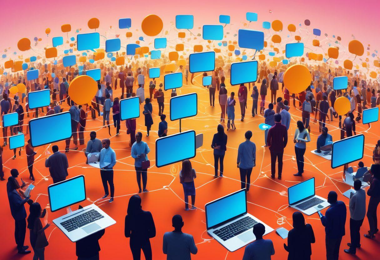 A vibrant digital landscape filled with diverse people engaged in resource sharing, highlighted by interconnected nodes symbolizing online communities. Incorporate elements like chat bubbles, laptops, and shared resources (books, tools, etc.) to illustrate collaboration. A colorful and welcoming atmosphere should prevail, suggesting accessibility and inclusivity. super-realistic. vibrant colors. 3D.